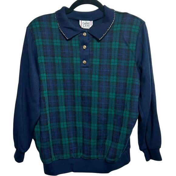 Vintage Cricket Lane Plaid Polo Sweater M 80s Blackwatch Preppy Gold Buttons - Picture 2 of 10